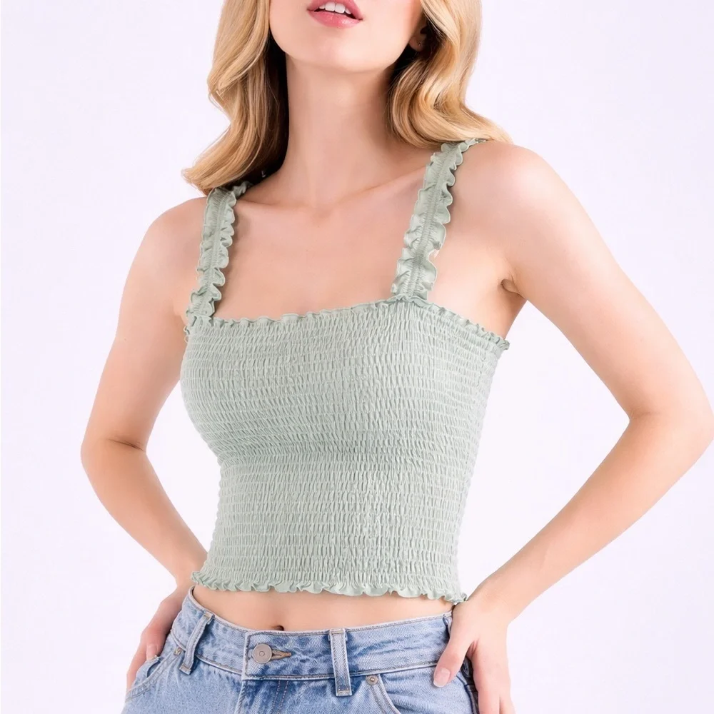 Hollister Light green Smocked Ruffle Strap Crop Tank